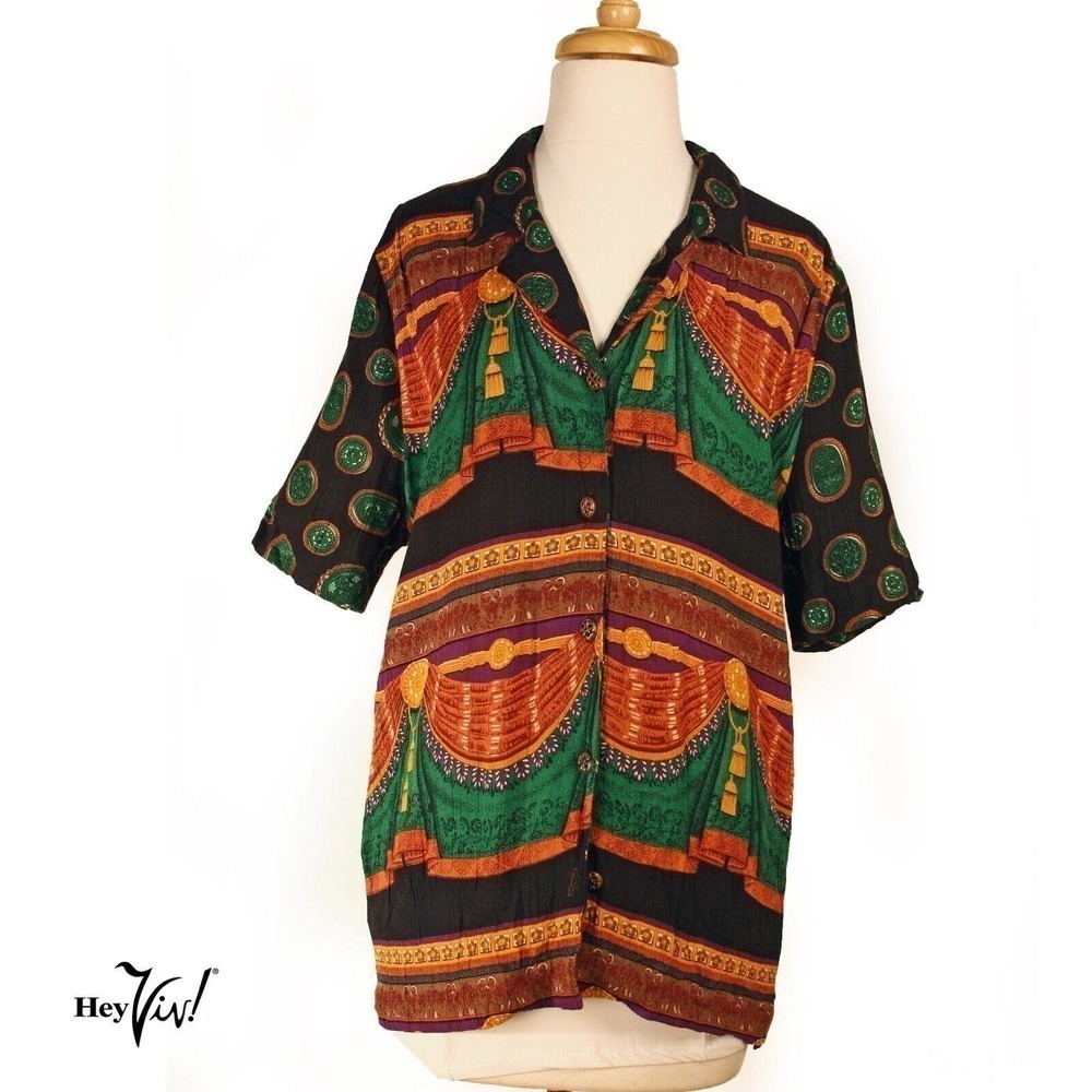Vintage D Broadway Blouse Top Colorful Print Button Up Rayon Size XL - Hey Viv